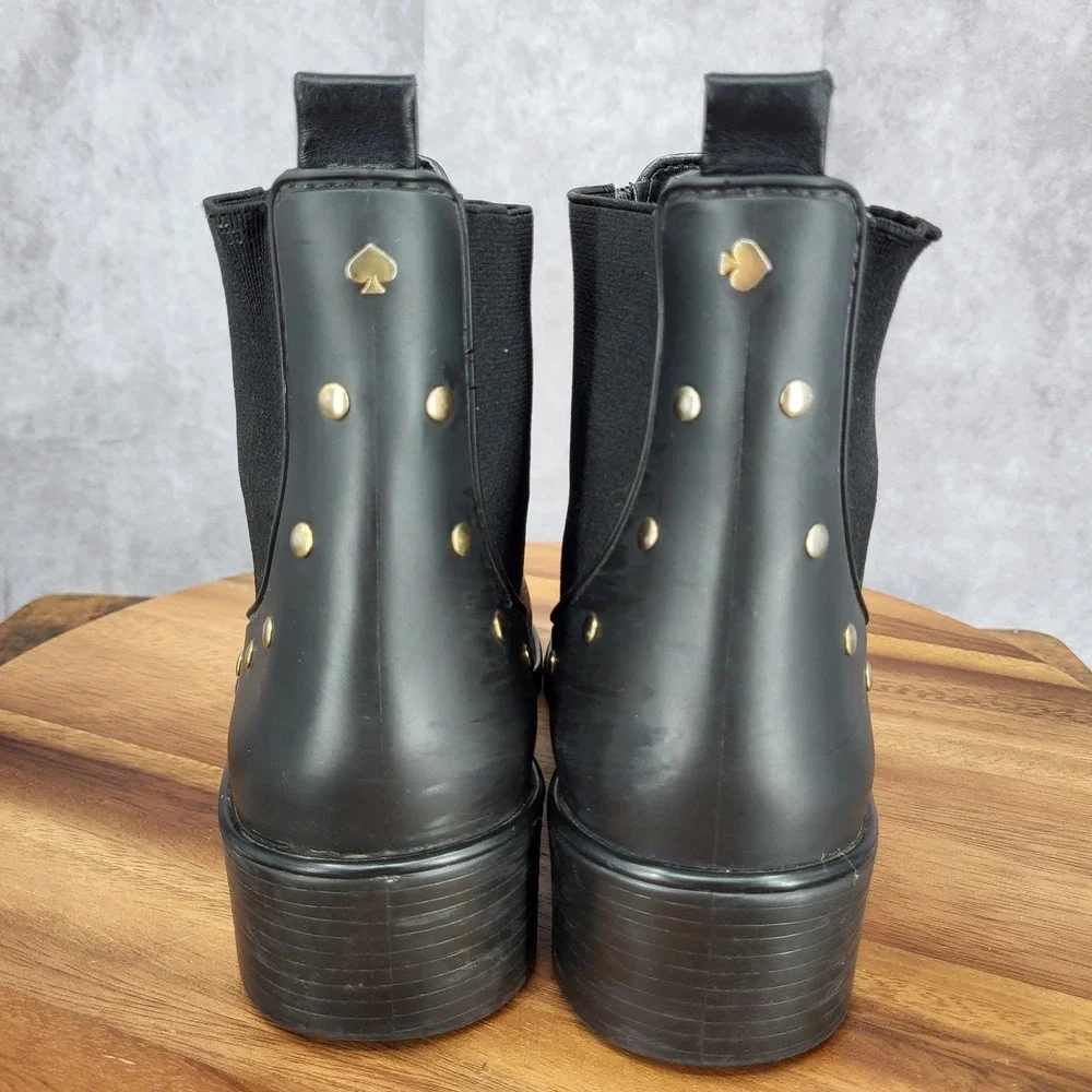 Kate Spade Chelsea Rain Boots‎ Womens 10 / 11 Black Gold Studded Water Resistant